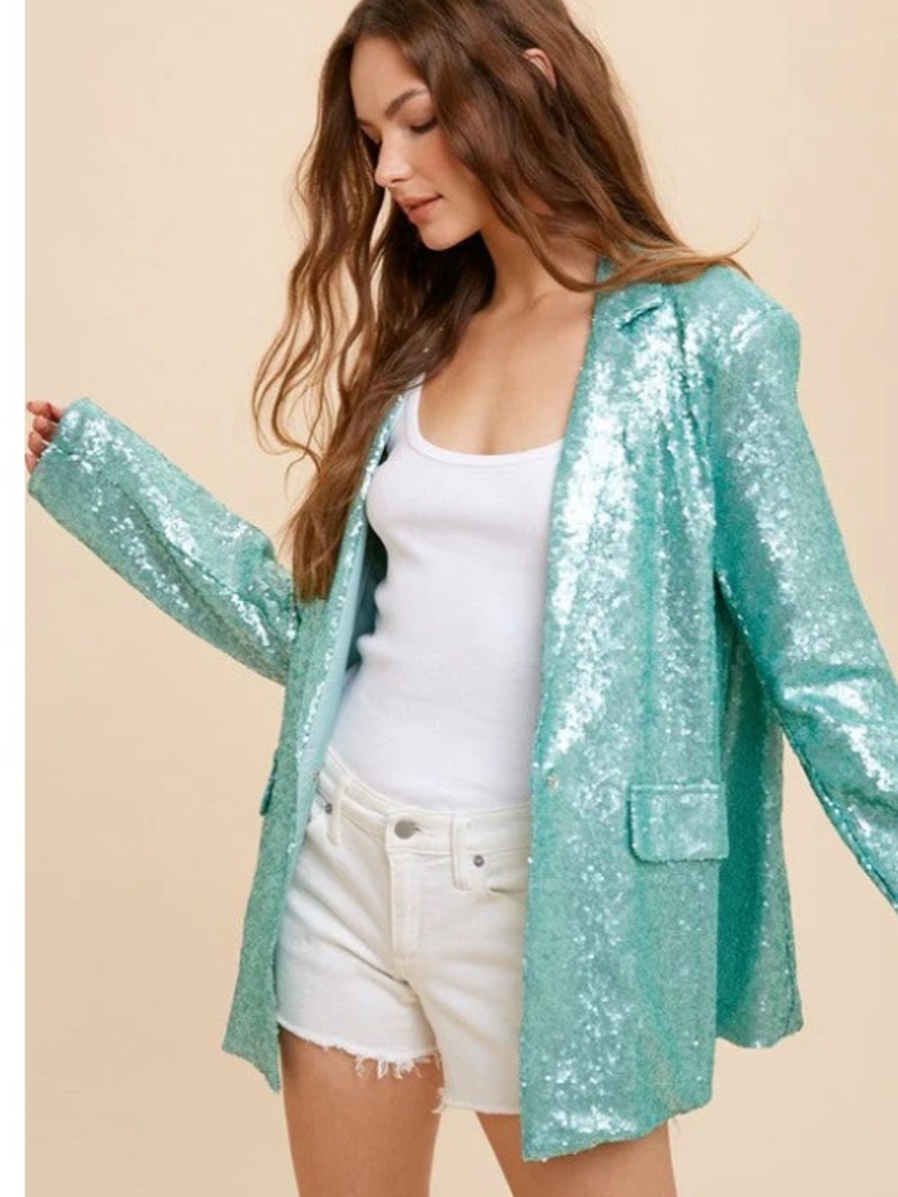 In Bloom Mint Sequin Blazer Jacket